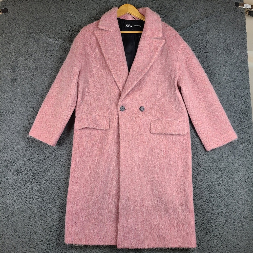 Zara Manteco Pink Wool Blend Coat Longline Double Breasted Textured Pastel M